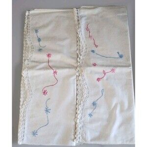 Vintage Embroidered Pink Blue Floral Pillowcase Pair Unfinished Project Stamped